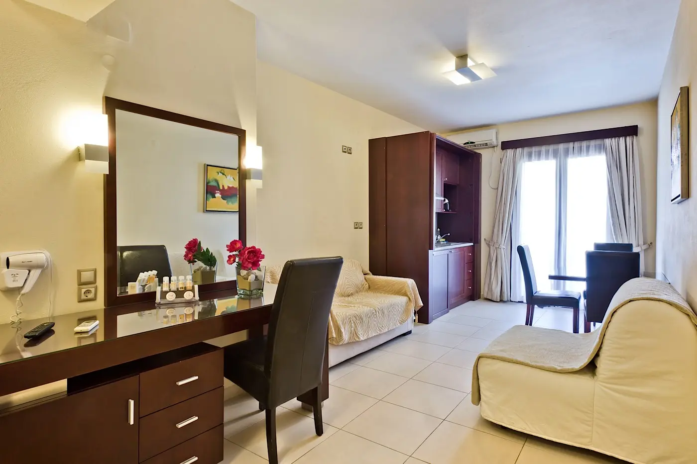 Guest room desk and living area